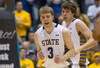 Mar 12, 2013; Sioux Falls, SD, USA; South Dakota State Jackrabbits guard Nate Wolters (3) celebrates against the North Dakota State Bison in the second half during the championship game of the Summit League tournament at Sioux Falls Arena. South Dakota State defeated North Dakota State 73-67. Mandatory Credit: Brace Hemmelgarn-USA TODAY Sports
