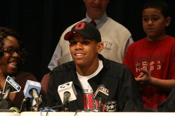 JEANNETTE, PA - MARCH 19:  Terrelle Pryor of Jeannette High School announces his committment to the Ohio State University at a news conference on March 19, 2008 at the Jeannette High School in Jeannette, Pennsylvania. Pryor was joined by grandmother Marle