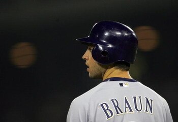 LOS ANGELES, CA - AUGUST 16:  Ryan Braun #8 of the Milwaukee Brewers looks on from third base during their MLB game against the Los Angeles Dodgers at Dodger Stadium on August 16, 2008 in Los Angeles, California. The Brewers defeated the Dodgers 4-3 in 10
