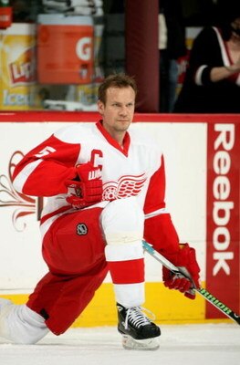 DENVER - MARCH 04:  Captain Nicklas Lidstrom #5 of the Detroit Red Wings warms up prior to facing the Colorado Avalanche during NHL action at the Pepsi Center on March 4, 2009 in Denver, Colorado. The Red Wings defeated the Avalanche 3-2.  (Photo by Doug 
