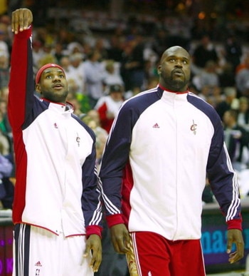 CLEVELAND - OCTOBER 27:  (L-R) LeBron James #23 and Shaquille O'Neal #33 of the Cleveland Cavaliers warm up prior to the season opener against the Boston Celtics at Quicken Loans Arena on October 27, 2009 in Cleveland, Ohio.  NOTE TO USER: User expressly 