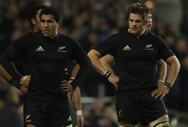 DUBLIN, IRELAND - NOVEMBER 20:  Richie McCaw (R) and Mils Muliaina (L) of the All Blacks during the Test match between Ireland and the New Zealand All Blacks at Aviva Stadium on November 20, 2010 in Dublin, Ireland.  (Photo by Phil Walter/Getty Images)