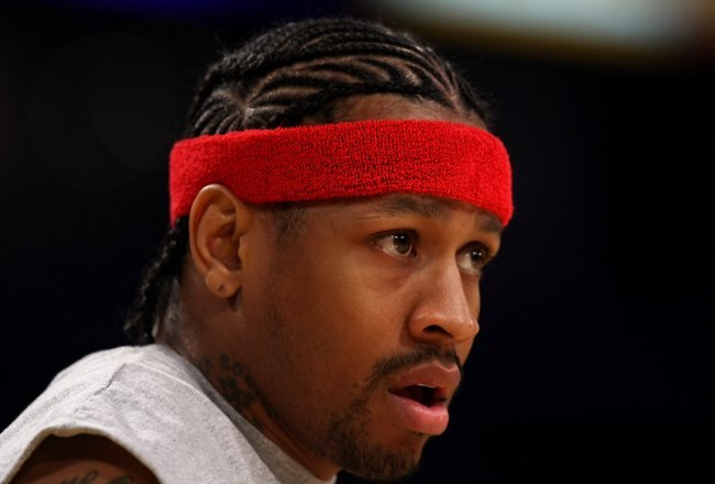 LOS ANGELES, CA - NOVEMBER 14:  Allen Iverson #1 of the Detroit Pistons warms up for the game with the Los Angeles Lakers on November 14, 2008 at Staples Center in Los Angeles, California. The Pistons won 106-95.   NOTE TO USER: User expressly acknowledge