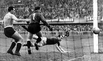 Nandor Hidegkuti's diving header shoots inside the near post in the "Greatest Game Ever", June 30, 1954.