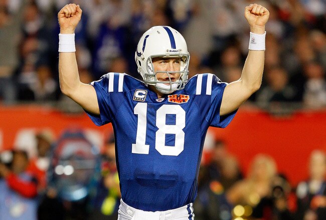 MIAMI GARDENS, FL - FEBRUARY 07:  Peyton Manning #18 of the Indianapolis Colts celebrates after a touchdown in the third quarter against the New Orleans Saints during Super Bowl XLIV on February 7, 2010 at Sun Life Stadium in Miami Gardens, Florida.  (Pho