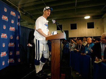 MIAMI GARDENS, FL - FEBRUARY 04:  MVP quarterback Peyton Manning #18 of the Indianapolis Colts speaks during a press conference after winning Super Bowl XLI 29-17 against the Chicago Bears on February 4, 2007 at Dolphin Stadium in Miami Gardens, Florida.