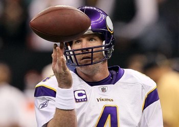 NEW ORLEANS - JANUARY 24:  Brett Favre #4 of the Minnesota Vikings warms up against the New Orleans Saints during the NFC Championship Game at the Louisiana Superdome on January 24, 2010 in New Orleans, Louisiana. The Saints won 31-28 in overtime.  (Photo