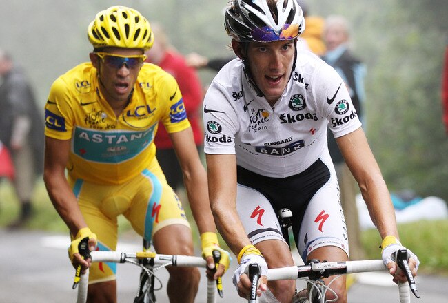 COL DU TOURMALET, FRANCE - JULY 22:  Andy Schleck of Luxembourg and Team Saxo Bank is followed by Alberto Contador of Spain and the Astana Team as he attacks up the slopes of the Col du Tourmalet during stage seventeen of the 2010 Tour de France from Pau 