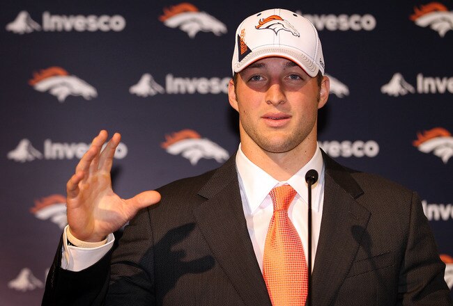 ENGLEWOOD, CO - APRIL 23:  Tim Tebow is introduced by the Denver Broncos at a press conference at the Broncos Headquarters in Dove Valley on April 23, 2010 in Englewood, Colorado. The Broncos picked Tebow in the first round of the 2010 NFL draft.  (Photo