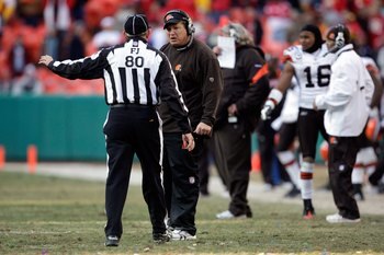 KANSAS CITY, MO - DECEMBER 20:  Head Coach Eric Mangini of the Cleveland Browns listens to the referee during their NFL game against the Kansas City Chiefs on December 20, 2009 at Arrowhead Stadium in Kansas City, Missouri. The Browns defeated the Chiefs