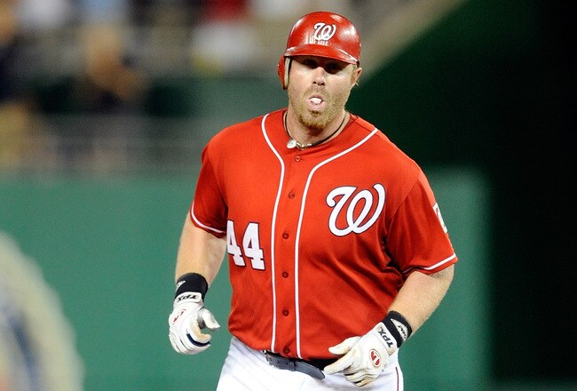 WASHINGTON - JULY 09:  Adam Dunn #44 of the Washington Nationals rounds the bases after hitting a home run in the seventh inning against the San Francisco Giants at Nationals Park on July 9, 2010 in Washington, DC.  Dunn hit two home runs in the Nationals