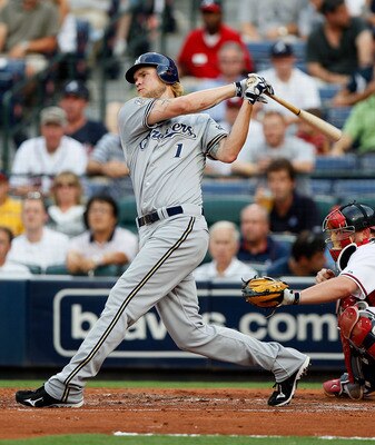 ATLANTA - JULY 15:  Cory Hart #1 of the Milwaukee Brewers fouls off a pitch in the third inning against the Atlanta Braves at Turner Field on July 15, 2010 in Atlanta, Georgia.  Hart hit a solo homer in the first inning.  (Photo by Kevin C. Cox/Getty Imag