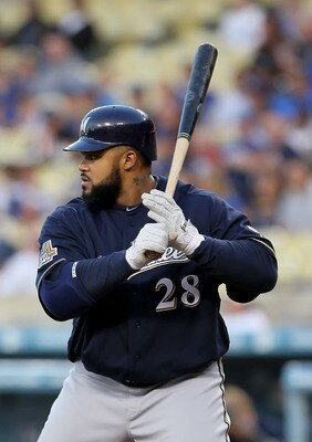 LOS ANGELES, CA - MAY 06:  Prince Fielder #28 of the Milwaukee Brewers bats in the first inning against the Los Angeles Dodgers at Dodger Stadium on May 6, 2010 in Los Angeles, California.  The Dodgers defeated the Brewers 7-3.  (Photo by Jeff Gross/Getty