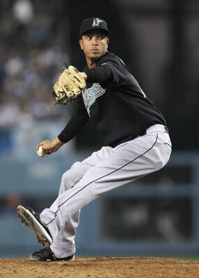 LOS ANGELES, CA - JULY 05:  Relief pitcher Leo Nunez #46 of the Florida Marlins pitches in the ninth inning on his way to picking up the save against the Los Angeles Dodgers on July 5, 2010 at Dodger Stadium in Los Angeles, California. The Marlins won 6-5