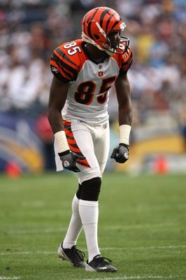 SAN DIEGO - DECEMBER 20:  Wide receiver Chad Ochocinco #85 of the Cincinnati Bengals on the line of scrimmage against the San Diego Chargers on December 20, 2009 at Qualcomm Stadium in San Diego, California.  The Chargers won 27-24.  (Photo by Stephen Dun
