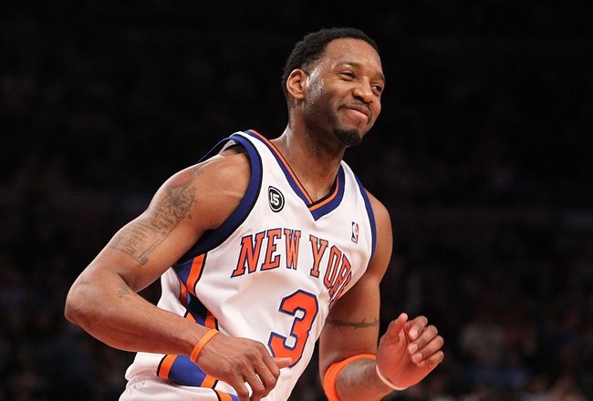 NEW YORK - FEBRUARY 20:  Tracy McGrady #3 of the New York Knicks smiles after making a basket against the Oklahoma City Thunder at Madison Square Garden on February 20, 2010 in New York, New York. NOTE TO USER: User expressly acknowledges and agrees that,