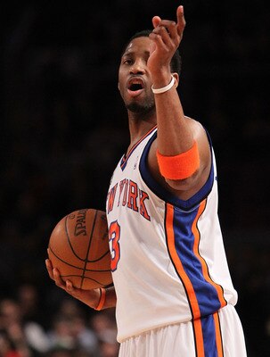 NEW YORK - FEBRUARY 20:  Tracy McGrady #3 of the New York Knicks gestures against the Oklahoma City Thunder at Madison Square Garden on February 20, 2010 in New York, New York. NOTE TO USER: User expressly acknowledges and agrees that, by downloading and