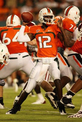 FORT LAUDERDALE, FL - OCTOBER 03: Quarterback Jacory Harris #12 of the Miami Hurricanes throws a pass against the Oklahoma Sooners at Land Shark Stadium on October 3, 2009 in Fort Lauderdale, Florida. Miami defeated Oklahoma 21-20. (Photo by Doug Benc/Get