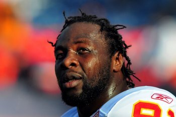DENVER - DECEMBER 9:  Tamba Hali #91 of the Kansas City Chiefs looks on during warm-ups before the football game against the Denver Broncos at Invesco Field at Mile High on December 9, 2007 in Denver, Colorado.  (Photo by Steve Dykes/Getty Images)
