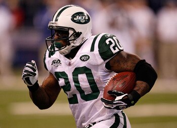 INDIANAPOLIS - JANUARY 24:  Running back Thomas Jones #20 of the New York Jets runs the ball against the Indianapolis Colts during the second quarter of the AFC Championship Game at Lucas Oil Stadium on January 24, 2010 in Indianapolis, Indiana.  (Photo b