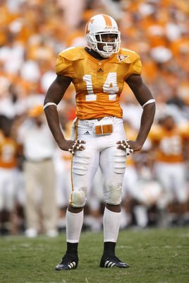 KNOXVILLE, TN - SEPTEMBER 12: Eric Berry #14 of the Tennessee Volunteers looks on against the UCLA Bruins on September 12, 2009 at Neyland Stadium in Knoxville, Tennessee. UCLA beat Tennessee 19-15. (Photo by Joe Murphy/Getty Images)