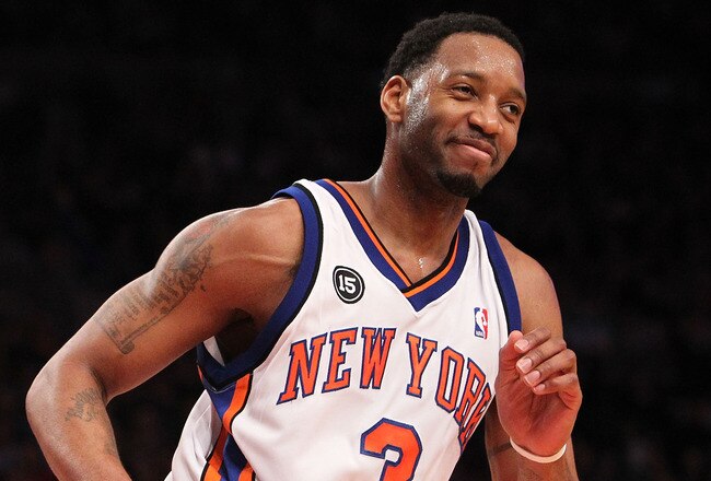 NEW YORK - FEBRUARY 20:  Tracy McGrady #3 of the New York Knicks smiles after making a basket against the Oklahoma City Thunder at Madison Square Garden on February 20, 2010 in New York, New York. NOTE TO USER: User expressly acknowledges and agrees that,
