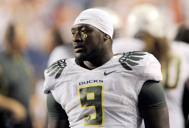 BOISE, ID - SEPTEMBER 3:  LaGarrette Blount #9 of the Oregon Ducks walks along the sidelines as time winds downs as the Boise State defeat Oregon 19-8 on September 3, 2009 at Bronco Stadium in Boise, Idaho. Blount was suspended for all remaining games on