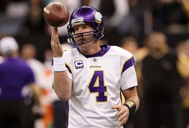 NEW ORLEANS - JANUARY 24:  Brett Favre #4 of the Minnesota Vikings warms up against the New Orleans Saints during the NFC Championship Game at the Louisiana Superdome on January 24, 2010 in New Orleans, Louisiana. The Saints won 31-28 in overtime.  (Photo