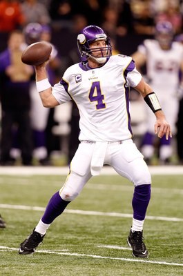 NEW ORLEANS - JANUARY 24:  Brett Favre #4 of the Minnesota Vikings throws a pass against the New Orleans Saints during the NFC Championship Game at the Louisiana Superdome on January 24, 2010 in New Orleans, Louisiana. The Saints won 31-28 in overtime.  (