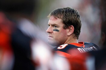 CANTON, OH - AUGUST 8: Carson Palmer #9 of the Cincinnati Bengals looks on against the Dallas Cowboys during the 2010 Pro Football Hall of Fame Game at the Pro Football Hall of Fame Field at Fawcett Stadium on August 8, 2010 in Canton, Ohio. (Photo by Joe