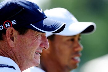 CHASKA, MN - AUGUST 12:  (L-R) Swing coach Hank Haney and Tiger Woods look on during the third preview day of the 91st PGA Championship at Hazeltine National Golf Club on August 12, 2009 in Chaska, Minnesota.  (Photo by Stuart Franklin/Getty Images)