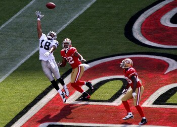 SAN FRANCISCO - AUGUST 22:  Louis Murphy #18 of the Oakland Raiders can't reach a pass as Nate Clements #22 of the San Francisco 49ers defends during a preseason game on August 22, 2009 at Candlestick Park in San Francisco, California.  (Photo by Jed Jaco