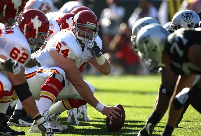 OAKLAND, CA - NOVEMBER 15:  Rudy Niswanger #64 of the Kansas City Chiefs prepares to snap the ball against the Oakland Raiders during an NFL game  at Oakland-Alameda County Coliseum on November 15, 2009 in Oakland, California.  (Photo by Jed Jacobsohn/Get