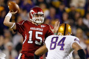 BATON ROUGE, LA - NOVEMBER 28:  Quarterback Ryan Mallett #15 of the Arkansa Razorbacks throws a pass over Rahim Alem #84 of the Louisiana State University Tigers at Tiger Stadium on November 28, 2009 in Baton Rouge, Louisiana.  (Photo by Chris Graythen/Ge