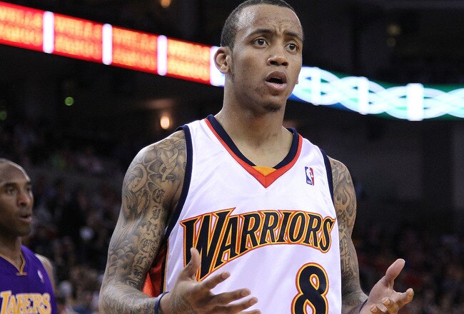 OAKLAND, CA - MARCH 15:  Monta Ellis #8 of the Golden State Warriors reacts to a call during action against the Los Angeles Lakers during an NBA game at Oracle Arena on March 15, 2010 in Oakland, California. NOTE TO USER: User expressly acknowledges and a