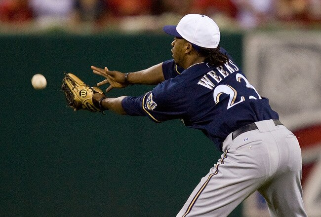 ST. LOUIS - JULY 2: Rickie Weeks #23 of the Milwaukee Brewers mis-plays a pop up against the St. Louis Cardinals at Busch Stadium on July 2, 2010 in St. Louis, Missouri.  The Cardinals beat the Brewers 5-0.  (Photo by Dilip Vishwanat/Getty Images)