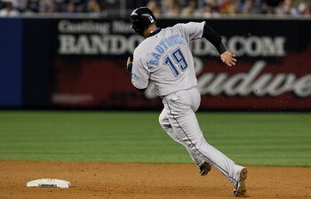 NEW YORK - AUGUST 03:  Jose Bautista #19 of the Toronto Blue Jays runs against of the New York Yankees on August 3, 2010 at Yankee Stadium in the Bronx borough of New York City. The Jays defeated the Yankees 8-2.  (Photo by Jim McIsaac/Getty Images)