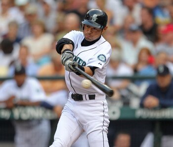 SEATTLE - AUGUST 05:  Ichiro Suzuki #51 of the Seattle Mariners doubles against the Texas Rangers at Safeco Field on August 5, 2010 in Seattle, Washington. (Photo by Otto Greule Jr/Getty Images)