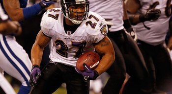 INDIANAPOLIS - JANUARY 16:  Ray Rice #27 of the Baltimore Ravens runs the ball against the Indianapolis Colts in the AFC Divisional Playoff Game at Lucas Oli Stadium on January 16, 2010 in Indianapolis, Indiana.  (Photo by Jonathan Daniel/Getty Images)