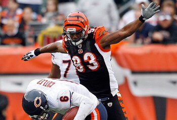 CINCINNATI - OCTOBER 25:  Jay Cutler #6 of the Chicago Bears is sacked by Michael Johnson #93 and Frostee Rucker #92 of the Cincinnati Bengals at Paul Brown Stadium on October 25, 2009 in Cincinnati, Ohio. The Bengals won 45-10.  (Photo by Andy Lyons/Gett