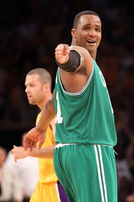 LOS ANGELES, CA - JUNE 17:  Glen Davis #11 of the Boston Celtics reacts to a call in the second half against the Los Angeles Lakers in Game Seven of the 2010 NBA Finals at Staples Center on June 17, 2010 in Los Angeles, California.  NOTE TO USER: User exp