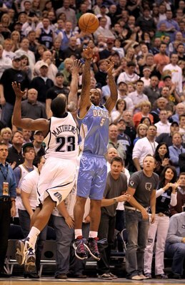 SALT LAKE CITY - APRIL 30:  J.R. Smith #5 of the Denver Nuggets shoots over Wesley Matthews #23 of the Utah Jazz in Game Six of the Western Conference Quarterfinals of the 2010 NBA Playoffs at EnergySolutions Arena on April 30, 2010 in Salt Lake City, Uta