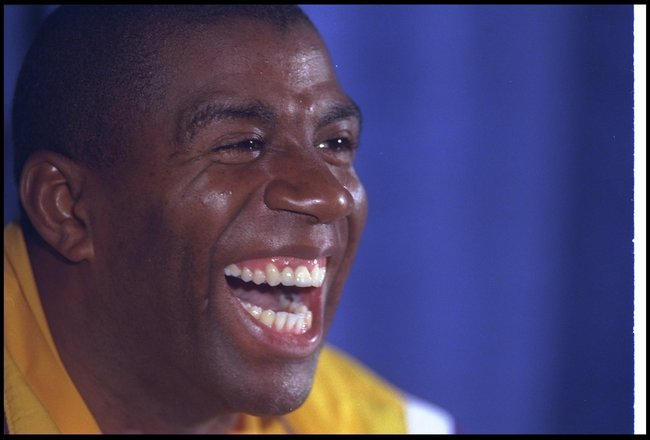 30 Jan 1996:  Guard Earvin (Magic) Johnson speaks at a press conference after a game against the Golden State Warriors at the Great Western Forum in Inglewood, California.  The Lakers won the game, 128-118. Mandatory Credit: ALLSPORT USA  /Allsport Mandat