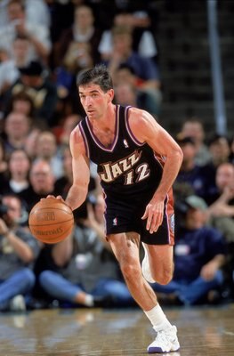 3 May 2000:  John Stockton #12 of the Utah Jazz dribbles the ball down the court during the NBA Western Conference Playoffs Round One Game against the Seattle SuperSonics at Key Arena in Seattle, Washington. The SuperSonics defeated the Jazz 104-93  NOTE
