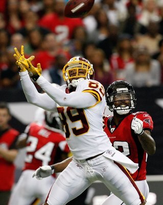 ATLANTA - NOVEMBER 08:  Chevis Jackson #22 of the Atlanta Falcons defends a pass intended for Santana Moss #89 of the Washington Redskins at Georgia Dome on November 8, 2009 in Atlanta, Georgia.  (Photo by Kevin C. Cox/Getty Images)