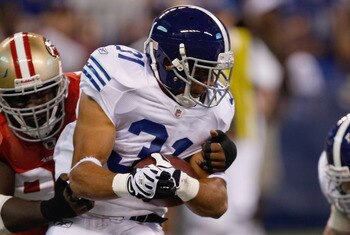 INDIANAPOLIS, IN - AUGUST 15: Donald Brown #31 of the Indianapolis Colts runs during the preseason game against the San Francisco 49ers at Lucas Oil Stadium on August 15, 2010 in Indianapolis, Indiana.  (Photo by Scott Boehm/Getty Images)