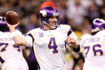NEW ORLEANS - JANUARY 24:  Brett Favre #4 of the Minnesota Vikings throws a pass against the New Orleans Saints during the NFC Championship Game at the Louisana Superdome on January 24, 2010 in New Orleans, Louisiana.  (Photo by Chris Graythen/Getty Image