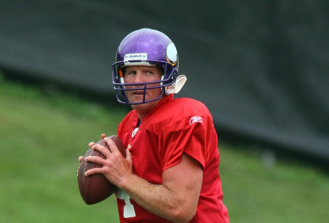 EDEN PRAIRIE, MN - AUGUST 18: Quarterback Brett Favre #4 of the Minnesota Vikings participates in his first morning practice since returning to Vikings Winter Park on August 18, 2010 in Eden Prairie, Minnesota. Favre injured his ankle last year and had be