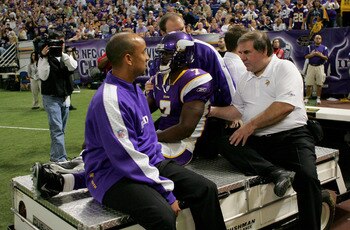 MINNEAPOLIS, MN - NOVEMBER 04:  Quarterback Tavaris Jackson #7 of the Minnesota Vikings is taken from the field near the end of the second quarter after being injured as he rushed against the San Diego Chargers at the Hubert H. Humphrey Metrodome on Novem