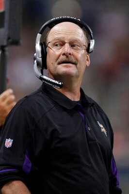 ST. LOUIS, MO - AUGUST 14: Head coach Brad Childress of the Minnesota Vikings looks on against the St. Louis Rams during the preseason game at Edward Jones Dome on August 14, 2010 in St. Louis, Missouri. The Vikings defeated the Rams 28-7. (Photo by Joe R